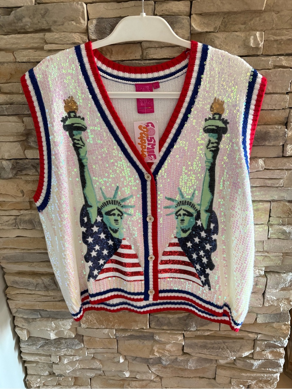 NWT QOS Patriotic Sequin Statue of Liberty Vest, USA Size M